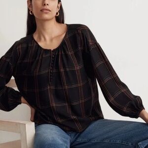 Madewell - Button Detail Black Brown Windowpane Plaid Shirred Peasant Top - XL